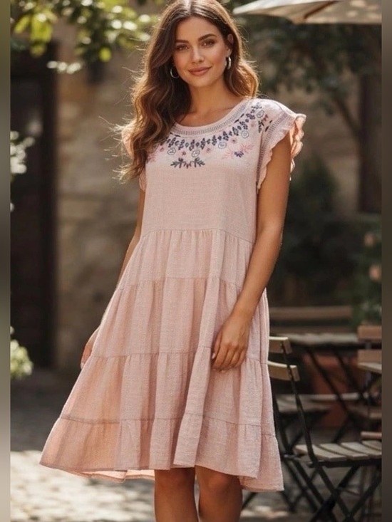 Knox Rose Dresses & Skirts - Knox Rose Embroidered Tiered Babydoll Dress Pink XL boho summer festival cotton